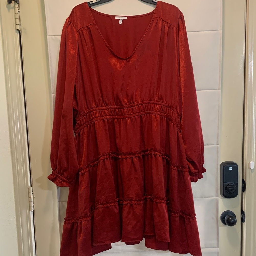 Maurices Red Satin Feel Babydoll Dress 3X Plus Size Tiered Long Sleeve
